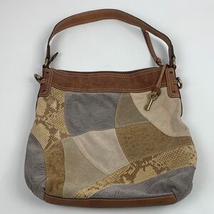 Fossil leather Suede Patchwork Shoulder Bag Brown Tan gray Gold Key Zip close